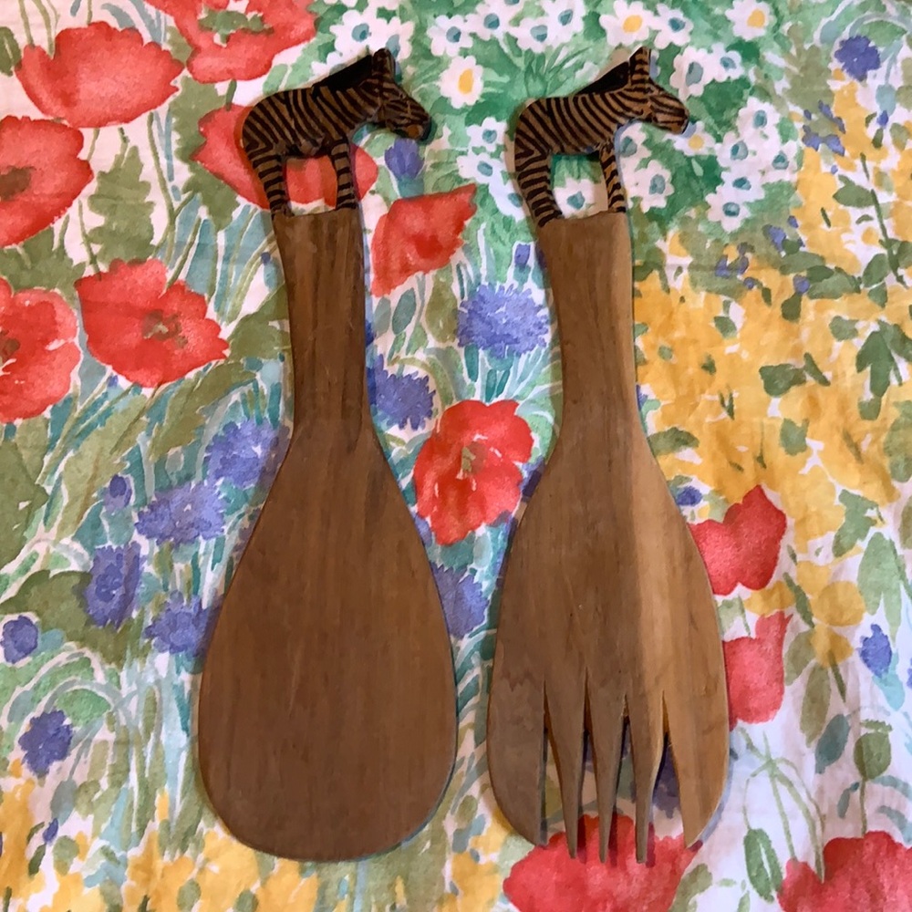 Zebra Salad Utensils Hand Carved AS IS